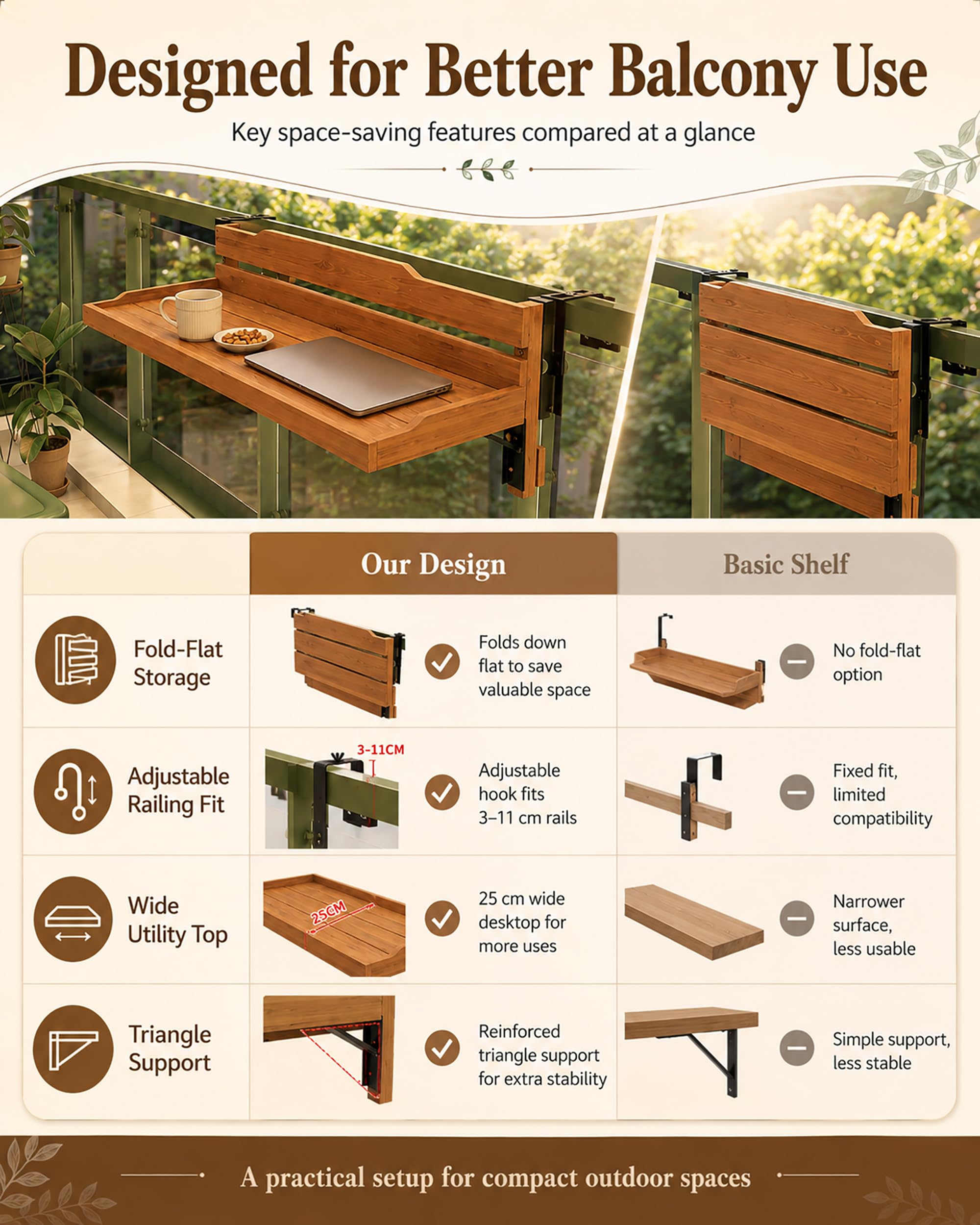 Amazon.com: QjxSXLFSX ,Natural,35.4×9.8in,Balcony Railing Table